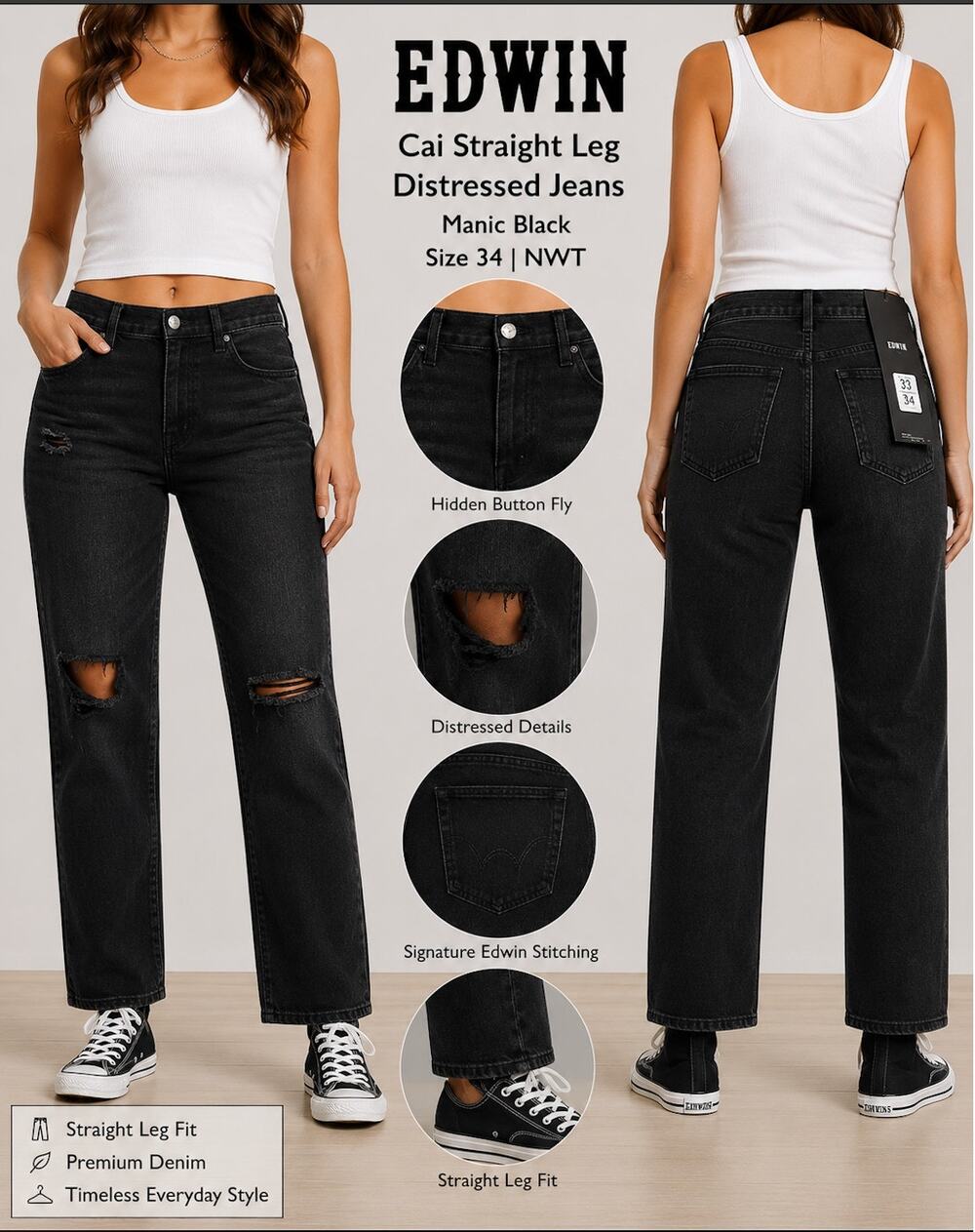 EDWIN Cai Straight Leg Distressed Jeans Manic Black NWT Sz 34